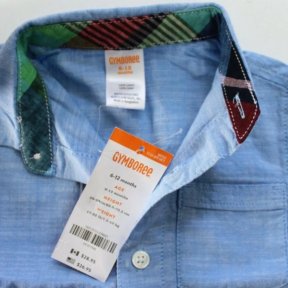 Gymboree Short Sleeve Cotton Button Down Dress Shirt Size 6-12M - Blue
